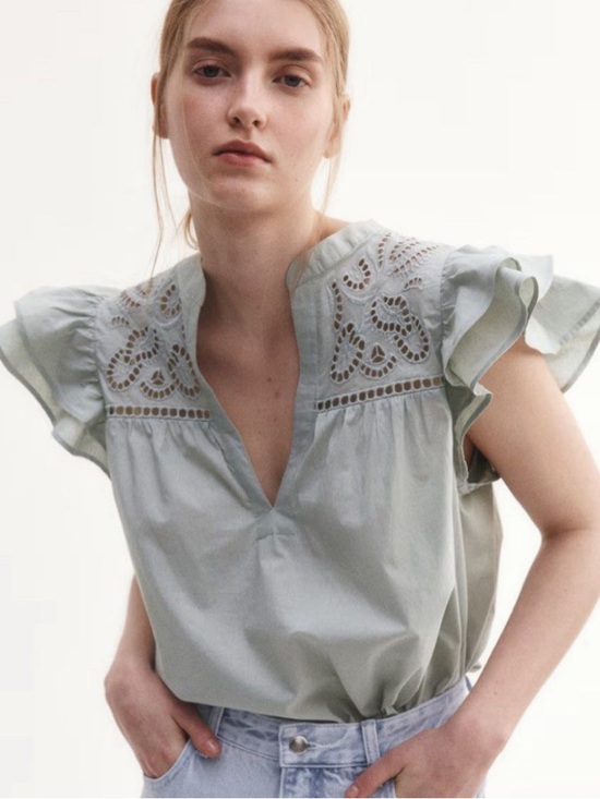 H&M Tops - NWT H&M Light Sage Eyelet Flutter Sleeve Blouse Broderie Englaise